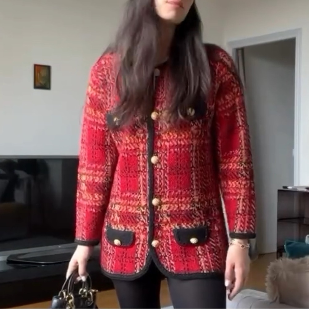 Marks & Spencer ST MICHAEL FROM Red Black Gold Buttons Tweed Blazer size M 6 8